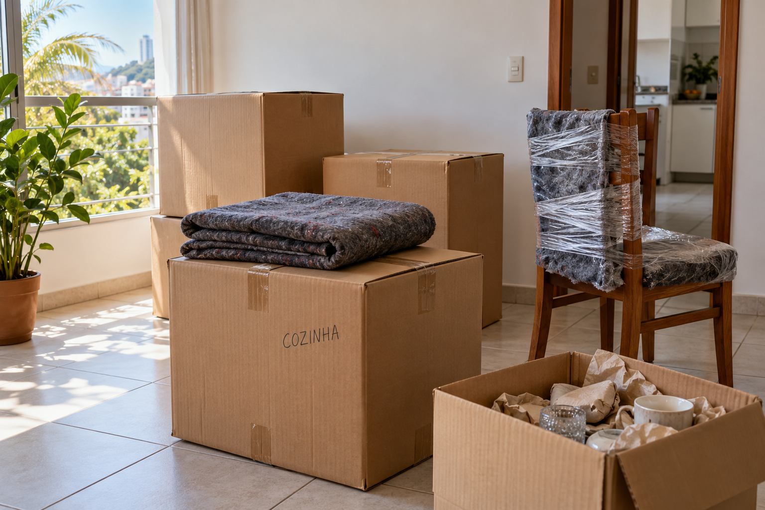Caixas organizadas e cadeira protegida em um apartamento. Imagem ilustrativa gerada.